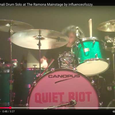 Frankie Banali's Quiet Riot, Canopus 4-Piece Set, 26", 18", 16", 14" , 6.5x14 Brass Snare. 2010 - Green Sparkle, Bonham Sizes! With Hardware and Frankie's Stick Bag! image 2
