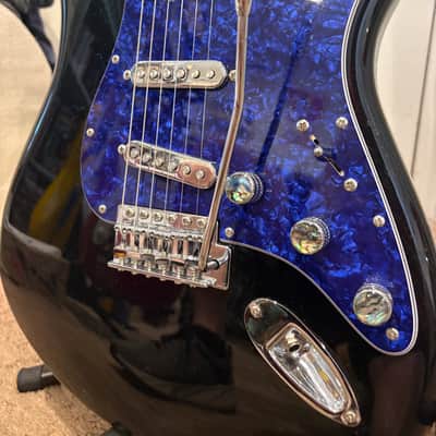 1 of 1 Custom Fender Squier Strat "Midnight Ocean" 2011 - Glossy Black Body w/ Blue Pearl Pickgaurd + Silver Pickups & Control Knobs | Rosewood Fretboard | Hand Painted Headstock | Silver Whammy Bar (Tremelo Arm) | Moon / Ocean / Nautical image 3