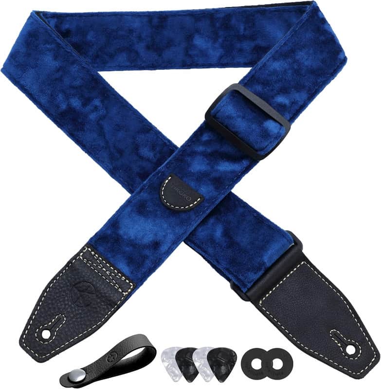 Guitar Strap 2 inch Velvet Guitar Straps with Full Grain Leather End, for Bass Electric and Acoustic Guitars, Free Strap Button, 2 Strap Locks and 4 Guitar Picks image 1
