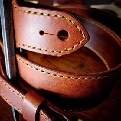 Handmade Leather Guitar Strap - Wolf in Chestnut and Pea Green [SOLD, MORE MADE TO ORDER] image 8