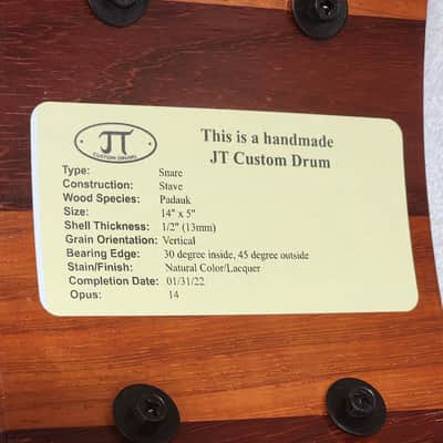 JT Custom Drums 14x5" Solid Padauk Stave Snare 2022 Natural image 6