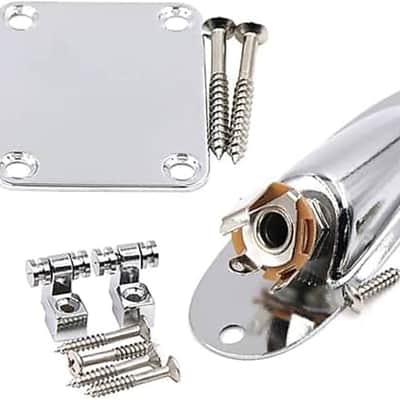 Electric Guitar Roller String Tree String Retainer,Neck Plate and Loaded Jack Socket Plate for Guitar Replacement Parts,with Mounting Screws Silver image 1
