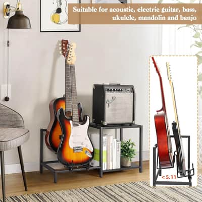 Guitar Stand, 2-Tier Guitar Stands Floor with Guitar Amp Stand, Guitar Rack for Multiple Guitars and Guitar Accessories, Adjustable Guitar Holder, Guitar Display for Music Studio Home image 4