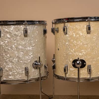 Vintage Rogers White Marine Pearl Drum Set 14x24 9x13 16x16 and 16x18 image 5