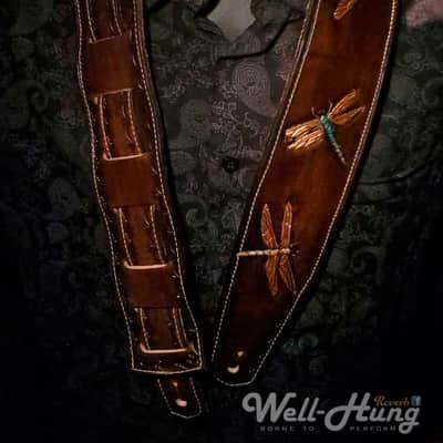 Well-Hung Dragonfly 2-3/4" wide padded leather guitar strap - Dark Brown, Irridescent Dragonflies image 7