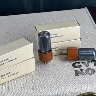 Matched Pair 6V6GT RCA Power Tubes (1957) – NOS/NIB – Standard Electric Label – Unused Brown base image 6
