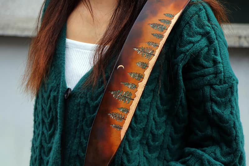 Burny Black Custom Guitar Strap - Pine trees Forest - Vegitable tanned leather For Acoustic or Electric Guitars made to order - oil image 1