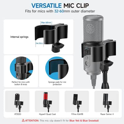 Desktop Mic Stand, Adjustable Microphone Stand Desk with Upgrade Microphone Clip Max Clamping Range 60mm,Pop Filter,Cell Phone Clip,3/8"to 5/8" Metal Adapter for Blue Yeti Snowball & Other Mic image 4