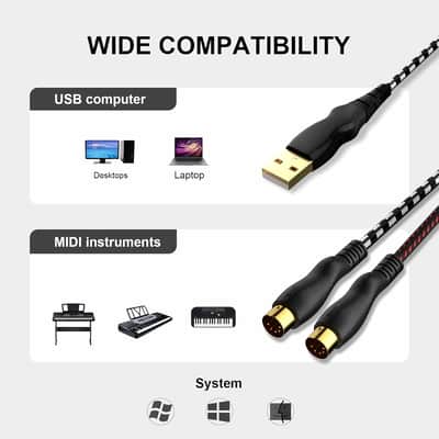 USB to MIDI Cable 6.5Ft, MIDI Interface Adapter,MIDI to USB Cable Converter ​for Music Keyboard Piano to PC Mac Laptop Windows Android image 2