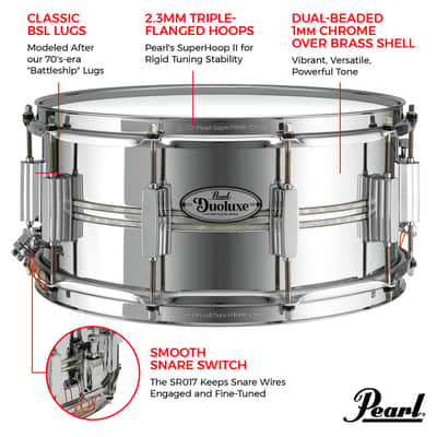 Pearl DuoLuxe 14"x6.5" Chrome Over Brass Snare Drum w/Nicotine White Inlays image 3