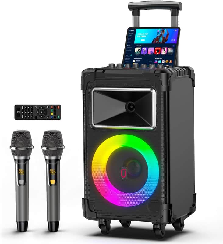 Karaoke Machine with 2 Wireless Mics, 10" Woofer 500W Peak Power Big Portable Bluetooth Speaker with Bass/Treble Adjustment, PA System with Remote Control, LED Lights, Rolling Wheels and Trolley image 1
