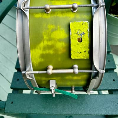 Custom Snare Drum 6” x 13” Maple and Bubinga shell 1999 - Retro funky distressed green image 14