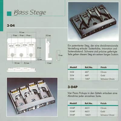 Schaller 3D-4P 4 String Polyphonic Midi Piezo Bass Bridge Gold image 3