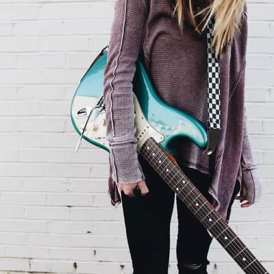 Guitar Strap-2" Wide Double Layer Cotton Original Design Adjustable Guitar Straps with Long Leather Ends for Bass, Electric & Acoustic, Best Gifts for Kids,Guitarists (White Grid) image 6