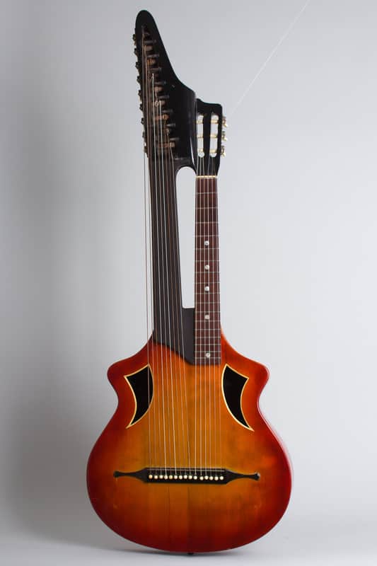 Wappen 15 Course Contra Bass Harp Guitar (unlabelled) , c. 1900s, grey gig bag case. image 1