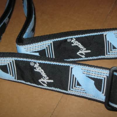 new with tags genuine Fender 2" Monogrammed Guitar Strap Black, Light Gray, and Light Blue - Fender part number: 099-0681-502, Fully adjustable length (39"-72") Woven Fender logo and guitar headstock design, polyester backing, black leather ends image 24
