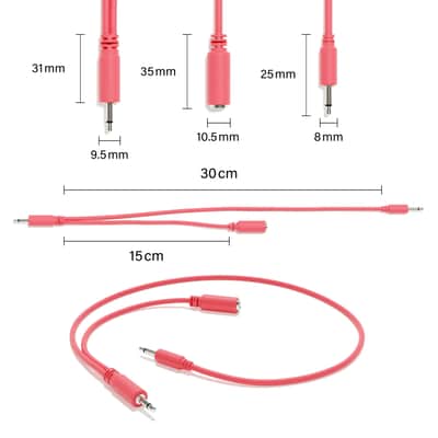 ExcelValley [Peach | 20 cm - 7.87"] 5-Pack - Hopscotch Mono Splitter Y Patch Cables TS 3.5mm 1/8" Eurorack Synth image 2