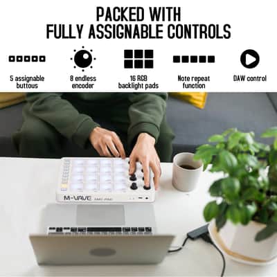 Wireless MIDI Controller Pads, Bluetooth Portable USB MIDI Controller with 16 Drum Pads, 8 Assignable Knobs, Note Repeat, Full Level Buttons, Rechargeable battery (White Pad) imagen 3