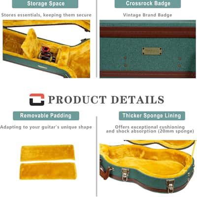Crossrock Master Series-Wooden OM/Martin 000-14 Fret Acoustic Guitar Case- Security Lock, Genuine Leather Handle, Reinforced Hardware, Metal Feet, Storage Space- Malachite Blue Tweed image 9