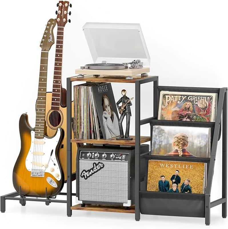 Record Player Stand, Guitar Stand for Acoustic, Electric Guitar, Bass with Amp Stand, 3-Tier Vinyl Record Storage Up to 200 Albums, Record Player Table for Record Player, Speaker, Amplifier image 1