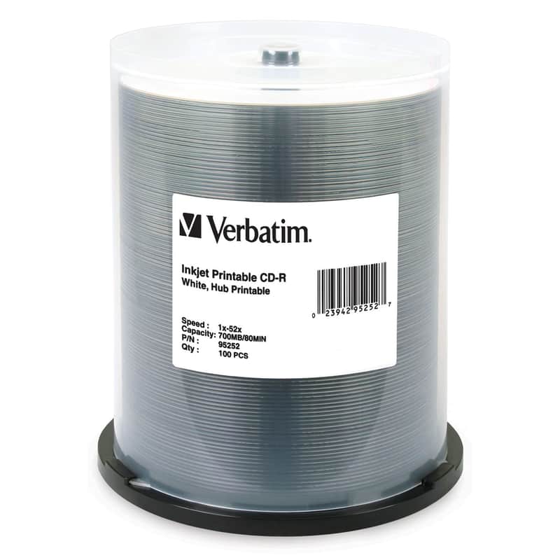 Verbatim 95252 CD-R 52X White Inkjet Hub Printable 700MB/80 Minute 100 Pack image 1