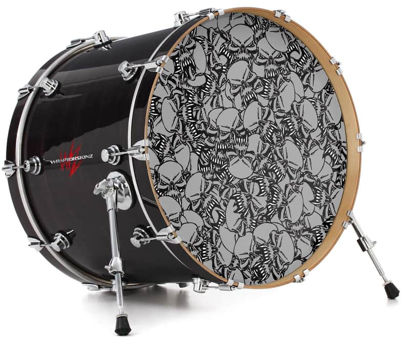 Skin Decal fits 26" Bass Kick Drums Scattered Skulls Gray image 1
