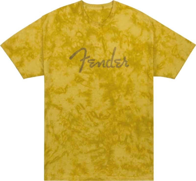Fender Guitars Spaghetti Logo Tie-Dye Tee T-Shirt, Mustard Yellow, S, SMALL image 1