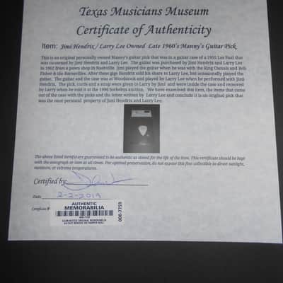 1969 Jimi Hendrix owned Manny's Music Guitar Pick from Larry Lee w/ Woodstock ticket & COA image 3