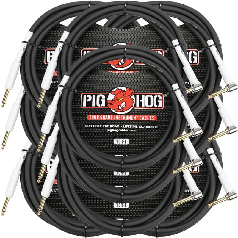 10 Pack Pig Hog PH10R Tour Grade 1/4" TS Straight to Right Angle Instrument Cable - 10' imagen 1