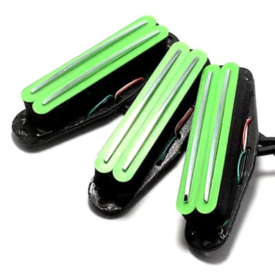 Dragonfire Duo Rails SSS Set Strat Sized Humbucker Pickups Bridge/Middle/Neck, Green w/ Chrome Rails image 3