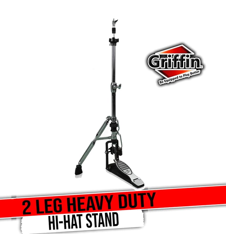 GRIFFIN 2 Leg Hi-Hat Stand (QuickAction X Series) – For Heavy Duty Cymbals, Double Braced Chrome Base Converts to No-Leg Mount for Drummers with Drum Key image 1