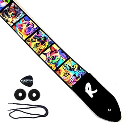 Psychedelic Cats Guitar Strap - Colorful Cats Guitar Strap - Rainbow Cats Guitar Strap - Painted Cats Guitar Strap - Universal Guitar Strap image 1