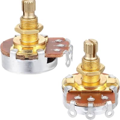 2 Pack Full Size Metric Guitar Bass Pots, 500k Potentiometer Brass Shaft Audio Taper Potentiometers, Guitar Potentiometer for Volume and Tone Short Split Shaft Audio Taper Pot for Electric Guitar Bass image 3