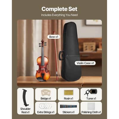 1/2 Size Violin Fiddle Set for Beginners – Solid Wood | Case, Bow, Rosin & Tuner Included image 3