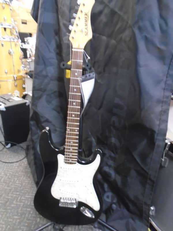 Slammer by Hamer strat copy Black white pearloid pickguard electric guitar image 1