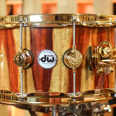 DW 7x14 Collector's Maple Mahogany Natural Lacquer over Candy Stripe Padauk Snare Drum - SO#1410001 image 2