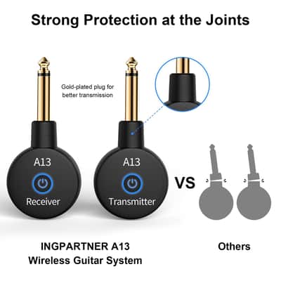 A13 Wireless Guitar System 2.4GHz Transmitter Receiver for Electric/Acoustic Bass Guitar, Rechargeable Li-Battery, Plug & Play Wireless Guitar Cable for Guitar, Bass, Violin - Black (1TX + 1RX) image 6