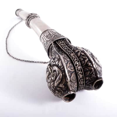 Antique Tibetan Ceremonial Hand Carved Silver Trumpet - Buddhist - Mus. Instrument - Monastery Religious Horn - Artifact - Bone Kangling - Shaman - Nepal image 20