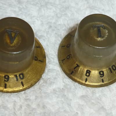 Original Vintage 1960s 1970s Gold Volume and Tone Knobs Matching Set of 2 for Univox Guyatone Teisco  Conrad Kawai Etc. Guitars Made in Japan Excellent image 2