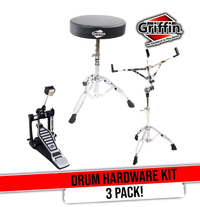 GRIFFIN 3 Pack Drum Hardware Set (ChromeElite Edition) – Kick Bass Pedal, Drum Throne & Snare Stand – Double Chain & Comfortable Seat with Upgrade Metal Knob image 1