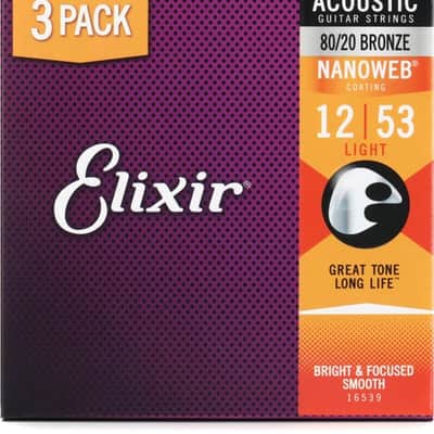 Elixir Strings 16539 Nanoweb 80/20 Acoustic Guitar Strings - .012-.053 Light 3-pack image 2