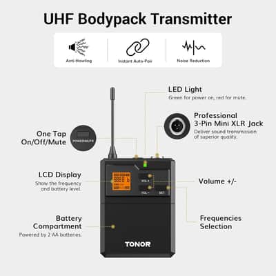 UHF Wireless Microphone System with Dual Headset Microphones/Lavalier Lapel Mics, Bodypack Transmitters, Mini Rechargeable Receiver, 2x15 Channels 200ft Range, for Recording Speech PA Speaker image 3