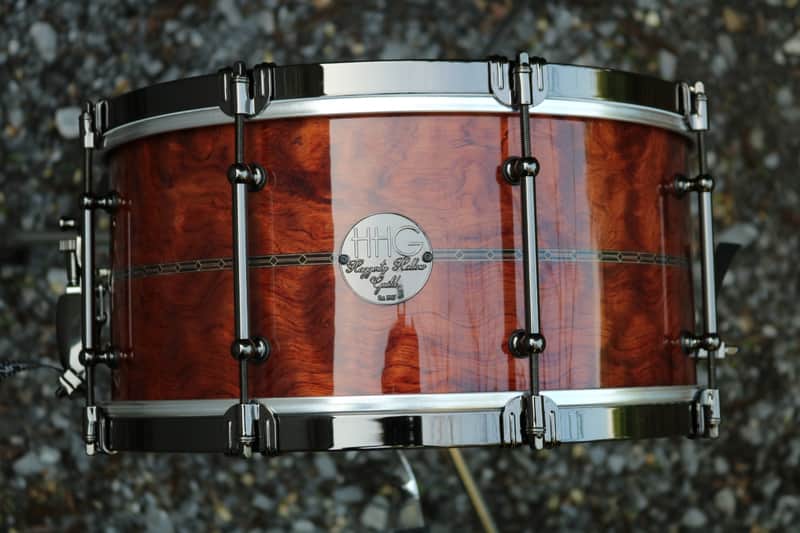 HHG drums 14x7 Bubinga, Tulipwood, Maple  2021 High Gloss Natural Lacquer, Herringbone Inlay, Black Nickel Hardware image 1