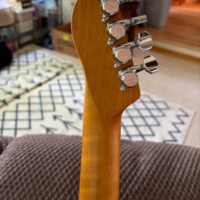 Custom Hybrid Offset Tele 5A Grade Flamed Mango wood top , Mahogany Body with Flamed roasted maple neck image 5