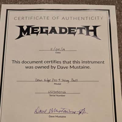 Dean DAVE MUSTAINE owned MEGADETH Studio Jazz Professional Bass Artist Signed - Wrote bass parts for Dystopia and Super Collider albums AAA Flame image 2