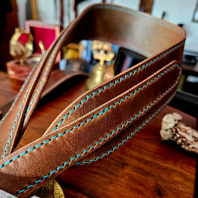 Hand Made, Hand Stitched Guitar strap "Rockatansky" in Taupe & Turquoise- Vegetable Tanned Leather image 15