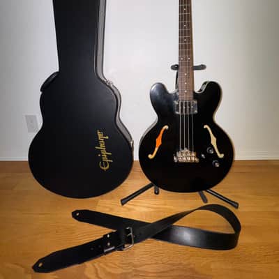 1997 Epiphone Rivoli Bass – Ebony Black Semi-Hollow, Cream Binding, Excellent Condition + Custom Strap & New Case image 1