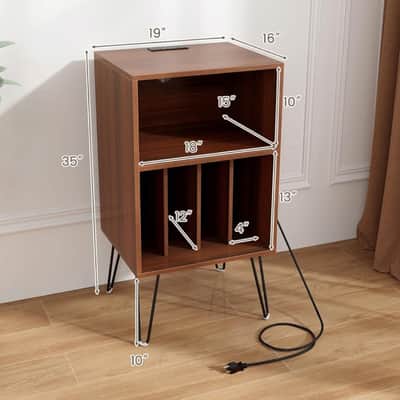 Record Player Stand w/ Charging Station Vinyl Storage Cabinet Turntable Table Holds 70-100 LPs Walnut image 6