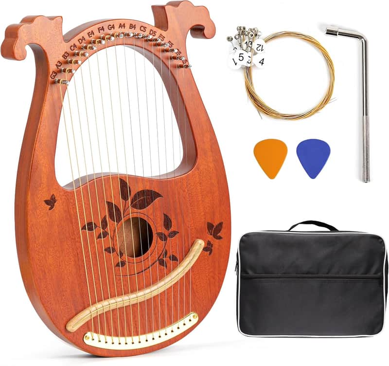 Lyre Harp Mahogany with Tuning Wrench and 16 Pcs Metal Spare String Set Manual Picks Black Gig Bag for Instrument Kids Adult Professional Beginner Music Lovers Gift image 1