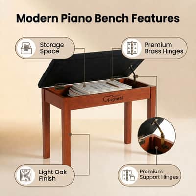 Augioth Solid Wood Piano Bench with Storage | Professional Keyboard Stool with Suede Cushion,An piano stool designed for extended practice sessions(Brown) image 3